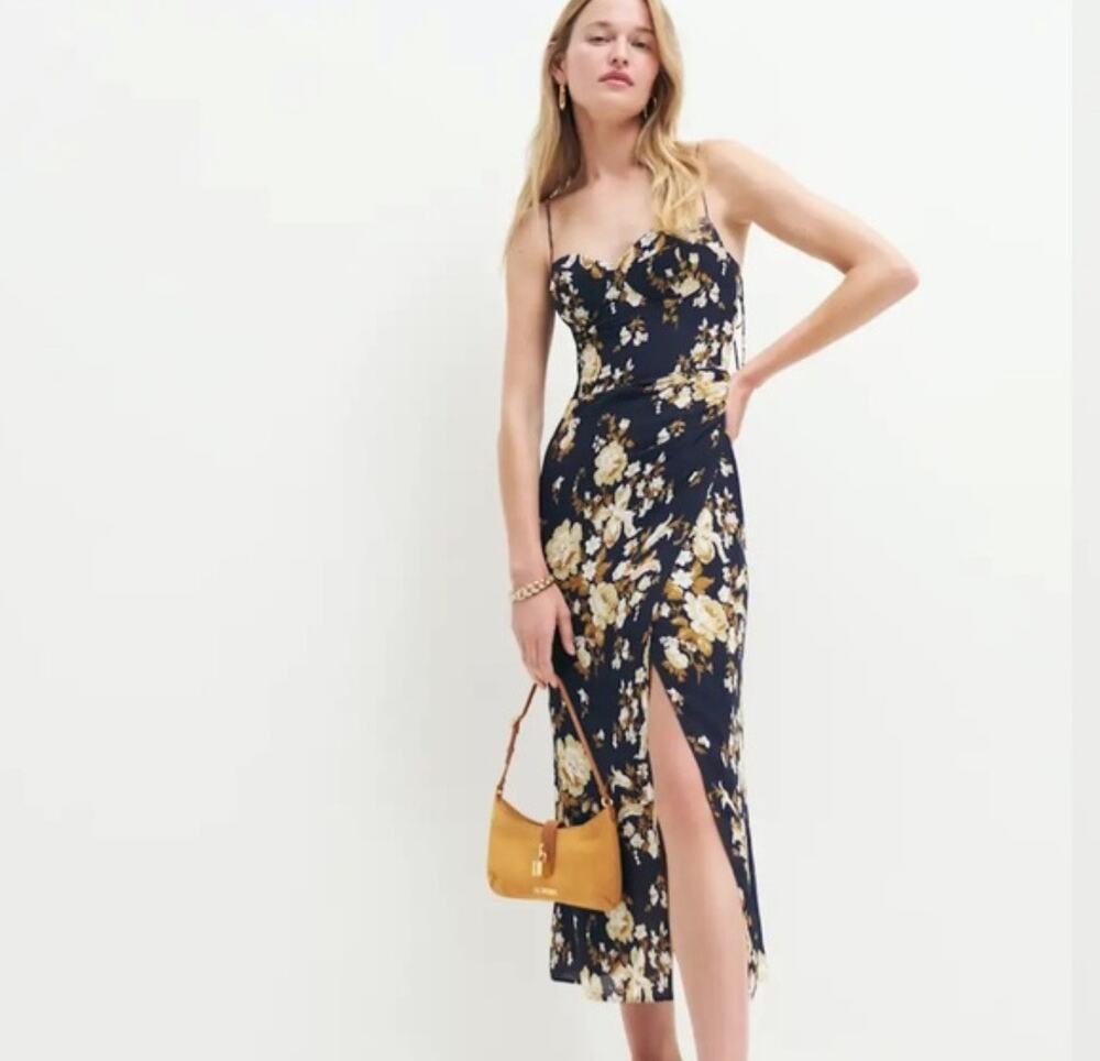 Cottagecore, Reformation Floral Viscose Maxi Dress Sz 6 Navy Yellow Smocked Back